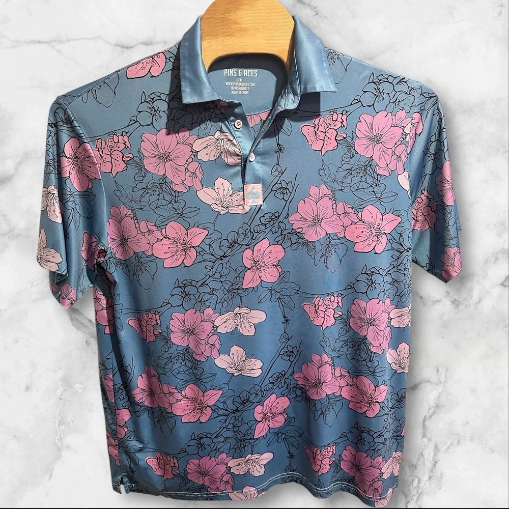 Pins Aces Polo Shirt Mens XXL Blue Hawaiian Floral Beach Aloha Golf Preppy